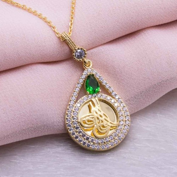925 Ayar Gümüş Altın Kaplama Tuğralı Damla Kolye Model 6 - 1