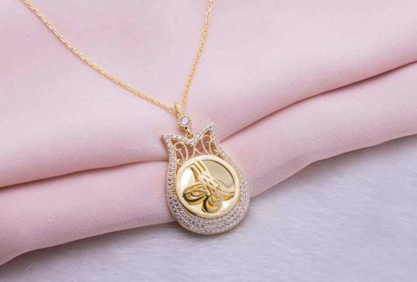 925 Ayar Gümüş Altın Kaplama Tuğralı Lale Kolye Model 2 - Resim 2