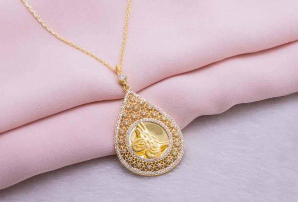 925 Ayar Gümüş Altın Kaplama Tuğralı Damla  Kolye Model 8 - 3