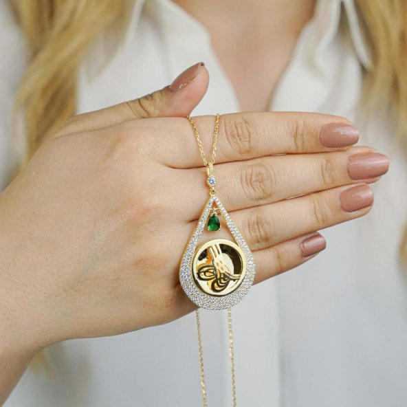 925 Ayar Gümüş Altın Kaplama Tuğralı Damla Kolye Model 4 ürün görseli