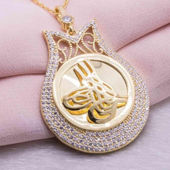 925 Ayar Gümüş Altın Kaplama Tuğralı Lale Kolye Model 1 - Resim 2