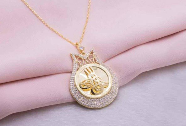 925 Ayar Gümüş Altın Kaplama Tuğralı Lale Kolye Model 1 - Resim 3