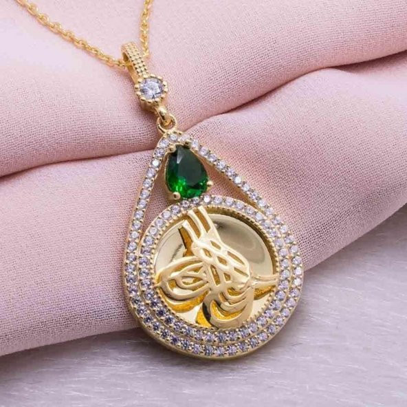 925 Ayar Gümüş Altın Kaplama Tuğralı Damla Kolye Model 5 - 2