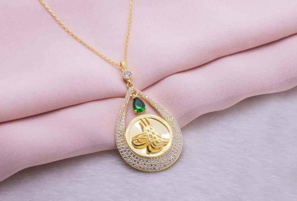 925 Ayar Gümüş Altın Kaplama Tuğralı Damla Kolye Model 4 - Resim 3