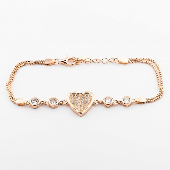 925 Ayar Gümüş Rose Kalp Tek Taş Bileklik - Resim 2