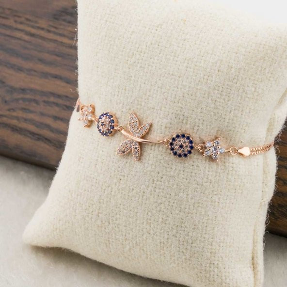 925 Ayar Gümüş Rose Nazar Boncuklu Yusufçuk Bayan Bileklik - Resim 3