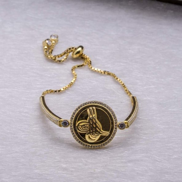 925 Ayar Gümüş Osmanlı Altın Kaplama Tuğrası Asansörlü Bileklik - Resim 2
