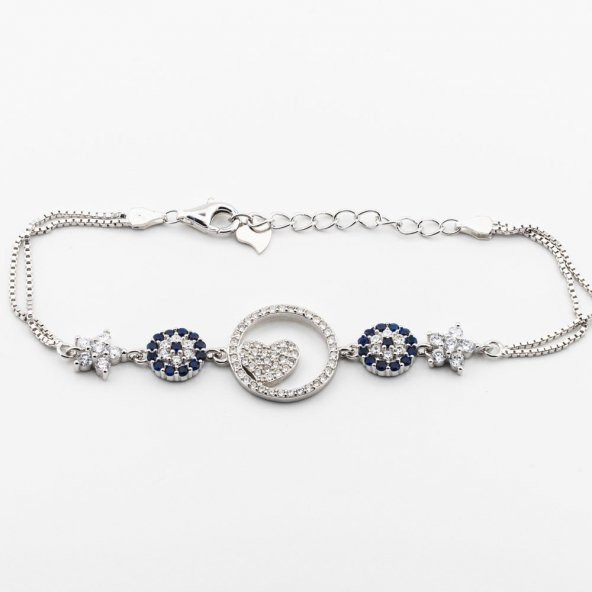 925 Ayar Gümüş  Zirkon Taşlı Nazarlı  Kalpli Bayan  Bileklik - Resim 2