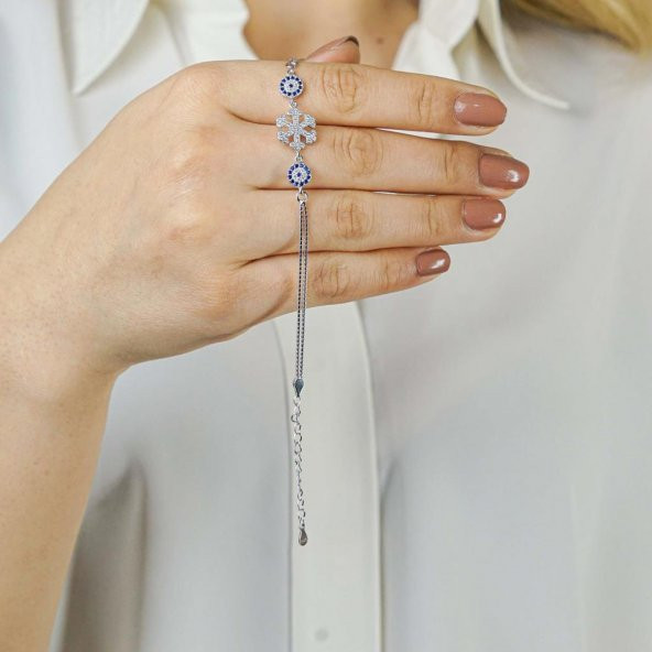 925 Ayar Gümüş Nazar Boncuklu Kar Tanesi  Bayan Bileklik - Resim 2