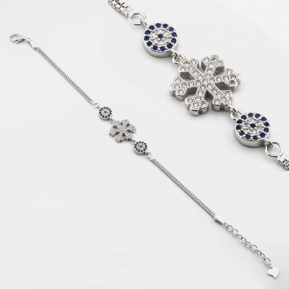 925 Ayar Gümüş Nazar Boncuklu Kar Tanesi  Bayan Bileklik - Resim 3