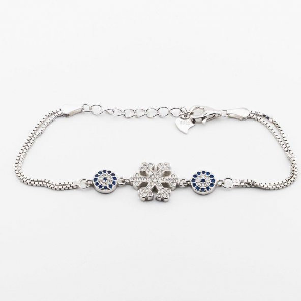 925 Ayar Gümüş Nazar Boncuklu Kar Tanesi  Bayan Bileklik - Resim 4