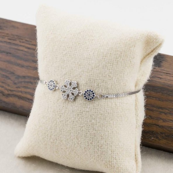 925 Ayar Gümüş Nazar Boncuklu Kar Tanesi  Bayan Bileklik - Resim 5