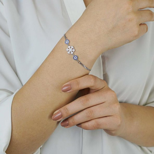 925 Ayar Gümüş Nazar Boncuklu Kar Tanesi  Bayan Bileklik ürün görseli