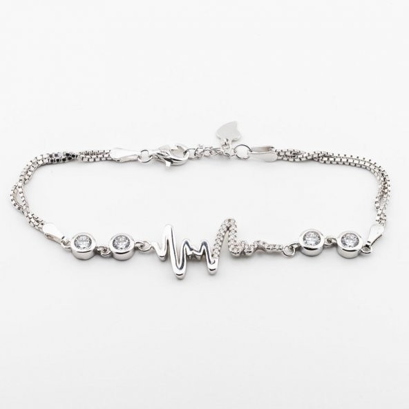 925 Ayar Gümüş Zirkon Taşlı Kalp Ritmi Bileklik - Resim 2