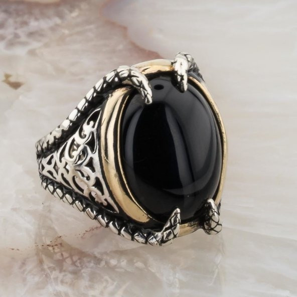 Siyah Oval Oniks  Taşlı Pençeli Gümüş Yüzük - Resim 2
