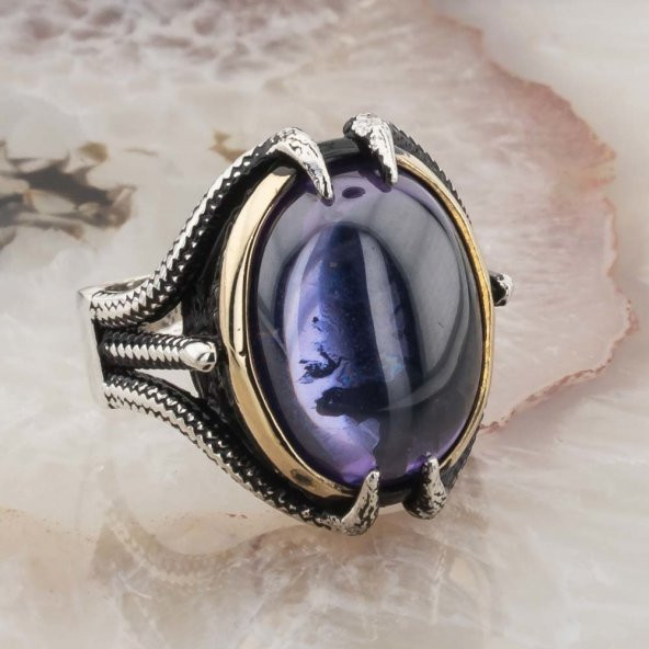 Mor Zirkon Bombe Taşlı Pençeli Gümüş Yüzük - Resim 2