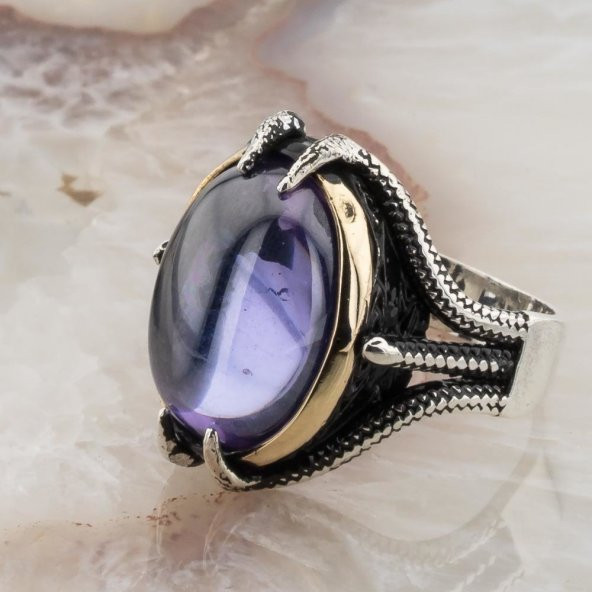 Mor Zirkon Bombe Taşlı Pençeli Gümüş Yüzük - Resim 3