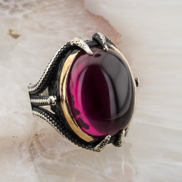 Kırmızı Taşlı Kartal Pençesi Gümüş Yüzük - Resim 2