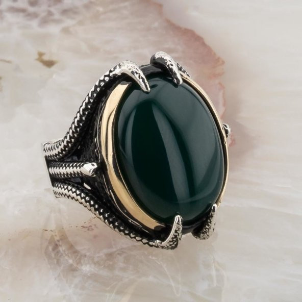 925 ayar Gümüş Yeşil Bombe  Taşlı Pençeli  Erkek Yüzük - Resim 2