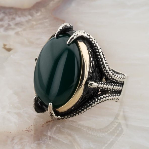 925 ayar Gümüş Yeşil Bombe  Taşlı Pençeli  Erkek Yüzük - Resim 3