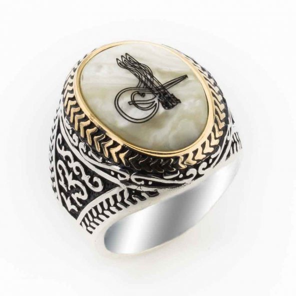 Sedef Taşlı Osmanlı Tuğralı Gümüş Yüzük ürün görseli 1