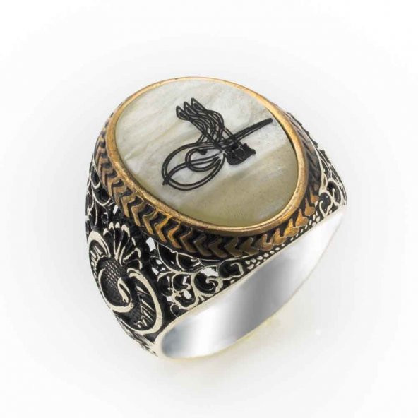 Sedef Taşlı Osmanlı Tuğralı Gümüş Yüzük ürün görseli 1