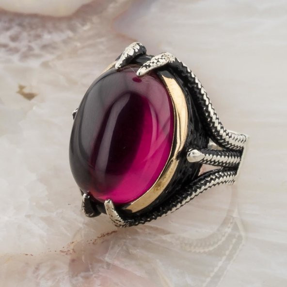 Kırmızı Taşlı Kartal Pençesi Gümüş Yüzük - Resim 3