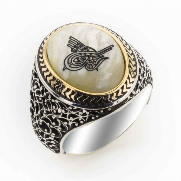 Sedef Taşı Osmanlı Tuğralı Gümüş Yüzük ürün görseli 1