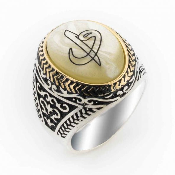 Sedef Taşlı Elif Vav Gümüş Yüzük ürün görseli 1