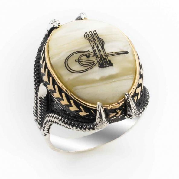 Sedef Taşlı Pençeli Osmanlı Tuğralı Gümüş Yüzük ürün görseli 1