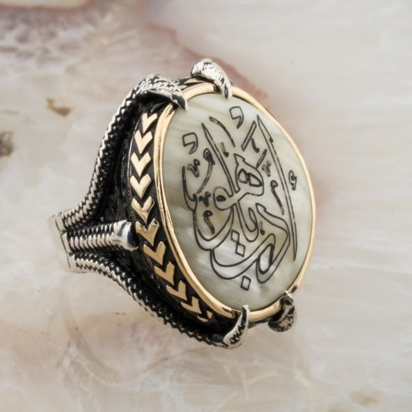 Sedef  Taşlı Pençeli  Edep Yahu Yazılı Gümüş Yüzük - Resim 2