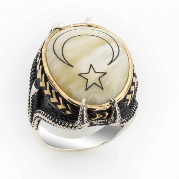 Sedef Taşlı Pençeli  Ay Yıldız Gümüş Yüzük ürün görseli