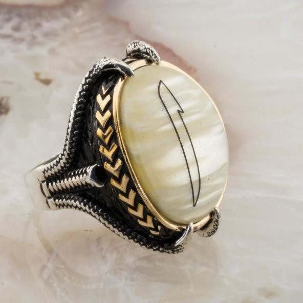 Sedef Taşlı Pençeli  Elif Desenli  Gümüş Yüzük - Resim 2