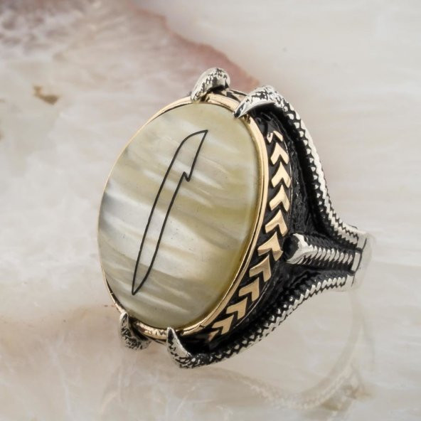 Sedef Taşlı Pençeli  Elif Desenli  Gümüş Yüzük - Resim 3