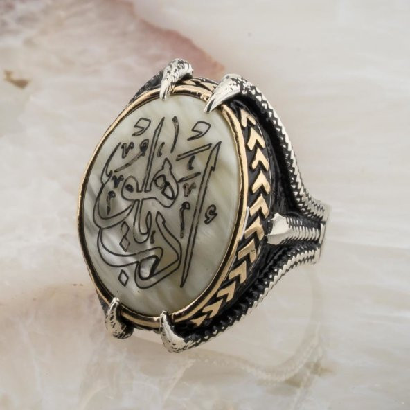 Sedef  Taşlı Pençeli  Edep Yahu Yazılı Gümüş Yüzük - Resim 3