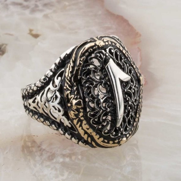 925 Ayar Gümüş Elif Simgeli Erkek Gümüş Yüzük - Resim 2