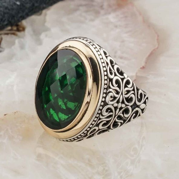 925 Ayar Gümüş Yeşil  Zirkon Taşlı Muhteşem Tasarım  Erkek Yüzük - Resim 3