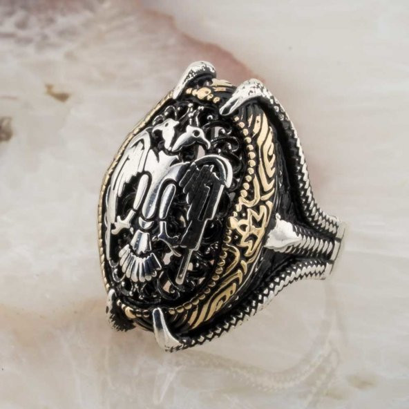 925 Ayar Gümüş Pençeli Selçuklu Kartalı Yüzük - Resim 3