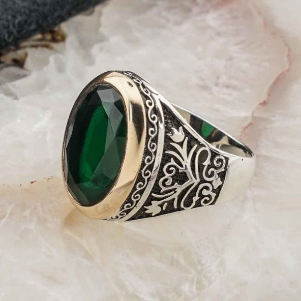 925 Ayar Gümüş Yeşil Zirkon  Taşlı Lale detaylı Erkek Yüzük - Resim 3