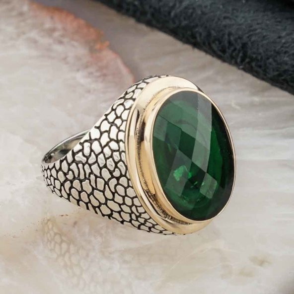 925 Ayar Gümüş Yeşil Zirkon  Taşlı Yüzük - Resim 2