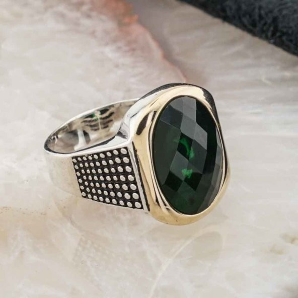 925 Ayar Gümüş Yeşil Zirkon Taşlı Erkek  Yüzük Model 5 - Resim 2