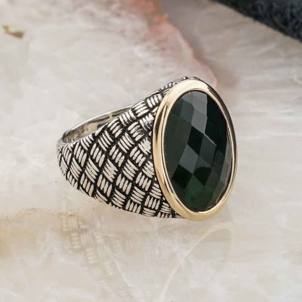 925 Ayar Gümüş Yeşil Zirkon Desenli Erkek Yüzük - Resim 2