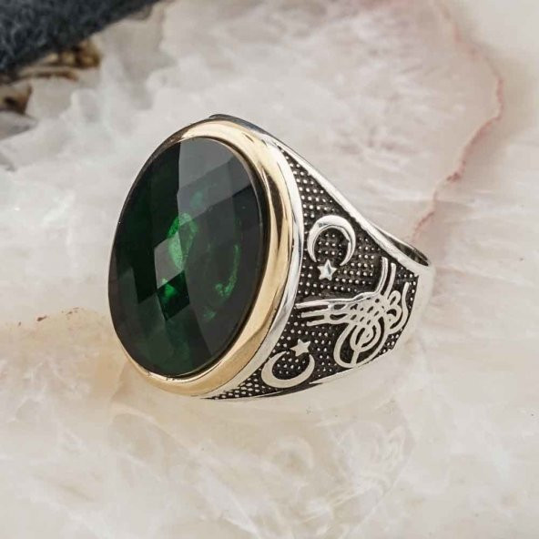 Oval Yeşil Zirkon Taşlı Osmanlı  Arma Detaylı Yüzük - Resim 3