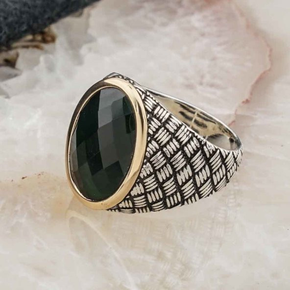 925 Ayar Gümüş Yeşil Zirkon Desenli Erkek Yüzük - Resim 3