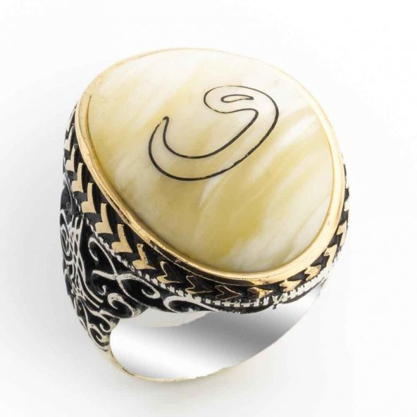 Büyük Sedef Taşlı Vav İşlemeli Gümüş Yüzük ürün görseli