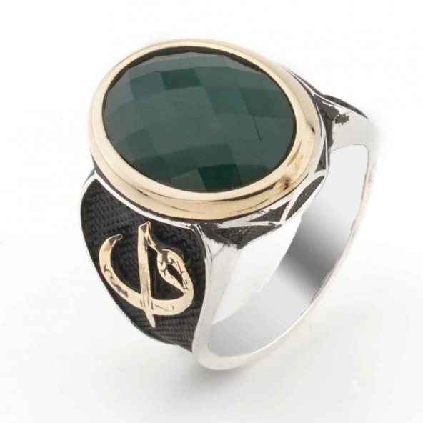 925 Ayar Gümüş Yeşil Zirkon Taşlı Elif Vav Detaylı Erkek Yüzük ürün görseli