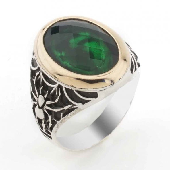 925 Ayar Gümüş Yeşil Zirkon Taşlı Örümcek Detaylı  Erkek Yüzük ürün görseli