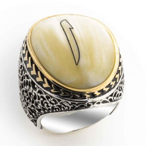 Büyük Sedef Taşlı Elif İşlemeli Gümüş Yüzük ürün görseli