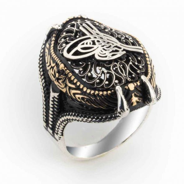 925 Ayar gümüş Pençeli Tuğralı Erkek Yüzük ürün görseli 1