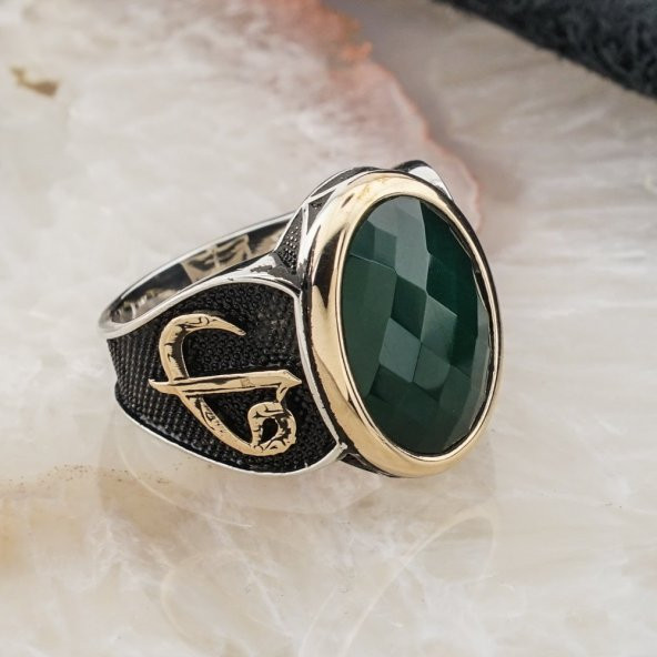 925 Ayar Gümüş Yeşil Zirkon Taşlı Elif Vav Detaylı Erkek Yüzük - Resim 2